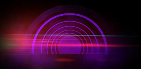 Minimalist, geometric dark abstract background. Empty stage with arch, neon light and smoke. 3d render.