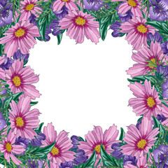 Fototapeta na wymiar Watercolor floral frames with wild flowers and leaves. Flowers frame template. Design for invitations and postcards.