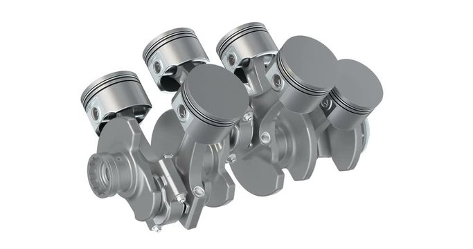 Animation, V6 engine pistons and cog in motion. 3D rendering isolated on white background
