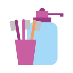 liquid soap and brushes bathroom