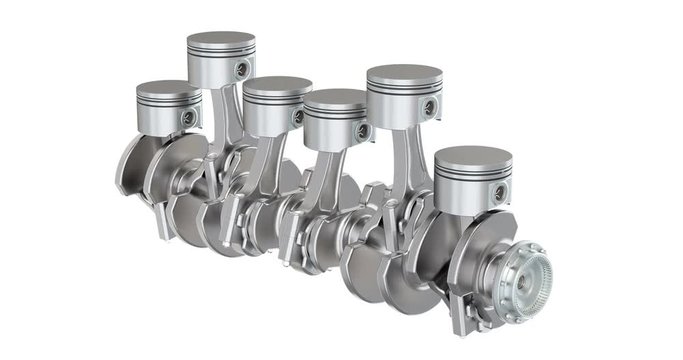 Straight-six engine in motion, animation. 3D rendering isolated on white background