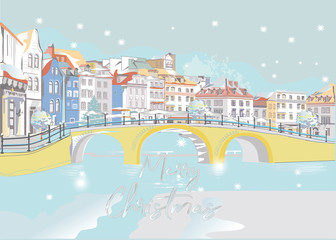 Hand drawn colorful vector Illustration of the romantic street in winter. Christmas greeting card. 