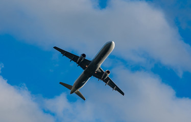 Silhouette of a plane taking off against the blue sky