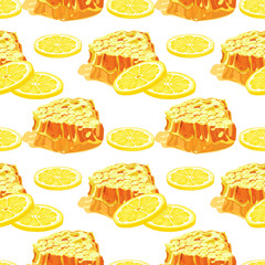 Lemon and honeycomb seamless pattern. Citrus fruit and honey  background. Elements for menu, greeting cards, wrapping paper, cosmetics packaging, posters etc