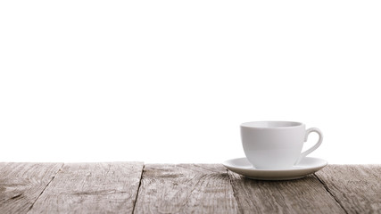 Template for concept: white cup on wooden board with copy space