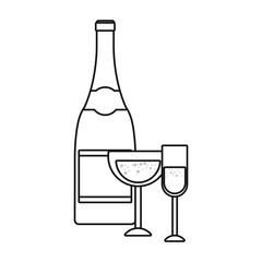 wine bottle and two glass celebration outline