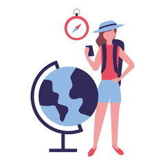 Fototapeta premium tourist woman with cellphone and globe clock