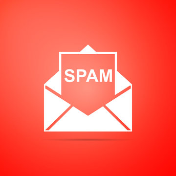 Envelope with spam icon isolated on orange background. Concept of virus, piracy, hacking and security. Flat design. Vector Illustration