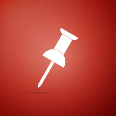 Push pin icon isolated on red background. Thumbtacks sign. Flat design. Vector Illustration