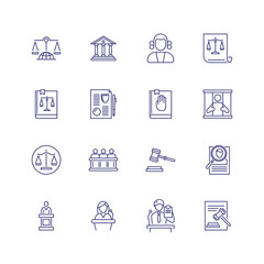 Jurisdiction line icon set. Courthouse, judge gavel, scale. Law concept. Can be used for topics like justice, court, crime