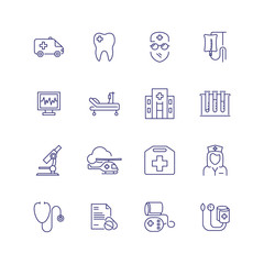 Medical help line icon set. Doctor, hospital, stethoscope. Medicine concept. Can be used for topics like ambulance, emergency, health care
