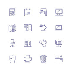 Office equipment line icon set. Calculator, monitor, computer. Work tools concept. Can be used for topics like stationery, facilities, workplace