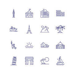 Fototapeta na wymiar Sights line icon set. Paris, London, New York. Tourism concept. Can be used for topics like vacation, travel, sightseeing
