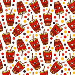 Cola seamless pattern. Birthday Drink print. Cartoon funny background.
