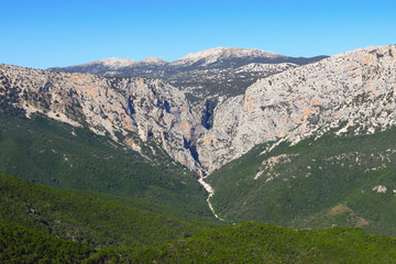 Panoramic view of the Gola Su Gorropu gorge, one of the deepest gorges in Europe, Sardinia, Italy