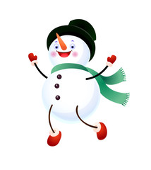Cheerful snowman wearing hat and scarf. Christmas design element for greeting cards, posters, leaflets and brochures.