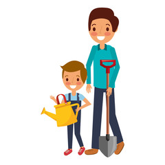 Obraz premium dad with shovel and boy holding watering can