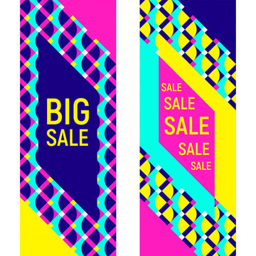 Two abstract geometric banner backgrounds, memphis style. Vertical banners for sale advertizing.