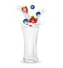 Strawberry with a blueberry smoothie in a glass. strawberries falling in milk yogurt isolated on white background. Realistic vector illustration. File eps10.