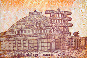Sanchi Stupa on India 200 rupee (2017) banknote close up, Indian  money closeup