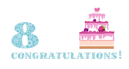 Anniversary greetings, 8 years old, berry cake, English, white, blue, vector.  The inscription in English 