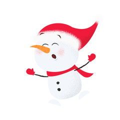 Cute cartoon snowman in Santa hat having fun. Screaming, gesturing, singing. Christmas concept. Can be used for greeting cards, posters, leaflets and brochure