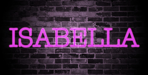 Fototapeta na wymiar first name Isabella in pink neon on brick wall