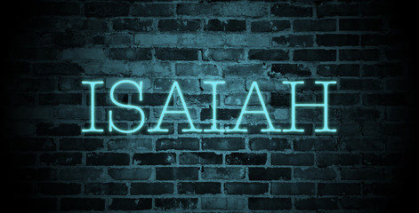first name Isaiah in blue neon on brick wall