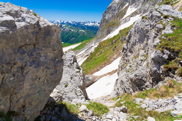 Mountain summer. Sunny day. Rocky route