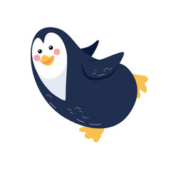Cute vector illustration of sliding penguin isolated on white background. Flat icon design.