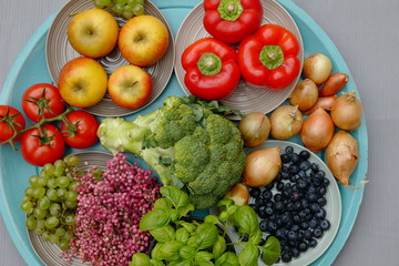 Teller türkis mit Obst und Gemüse