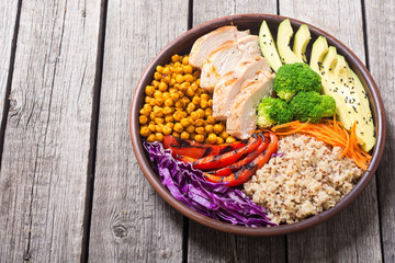 Buddha bowl with avocado , chicken , pepper , quinoa and chickpea