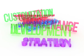 Strategy, Development, business conceptual colorful 3D rendered words. Message, title, graphic & style.