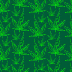 Cannabis herb hand drawing seamless pattern. Vector illustration.