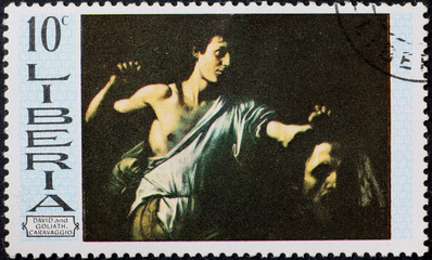 David and Goliath by Caravaggio on postage stamp