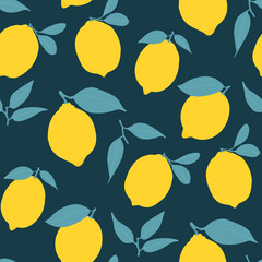 Seamless lemon pattern - citrus illustration with leaves repeating on dark blue background