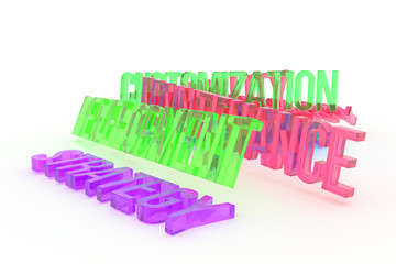 Strategy, Development, business conceptual colorful 3D rendered words. Text, style, communication & backdrop.