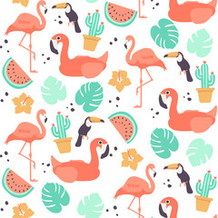 Tropical seamless pattern - summer background design with flamingo, toucan, cactus, watermelon, palm leaf and other summer themed elements