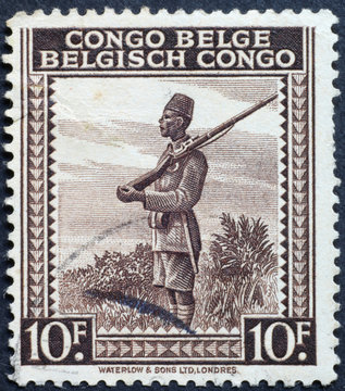 Soldier On Old Postage Stamp Of Belgian Congo