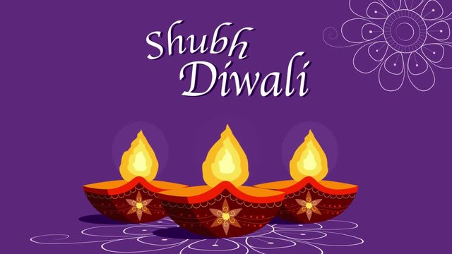 Diwali greetings animation with diya lamps, designs on the floor purple background