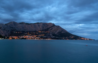 Omis city view near the mountain in Croatia at evening.