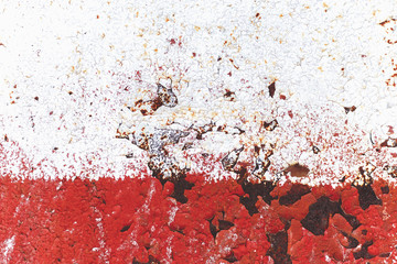 Red and wight, rusty background with peeling paint.