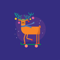 Merry Christmas greeting card with cute animals:  reindeer, deer with scarf and skateboard