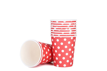 Red paper cups isolated on white background