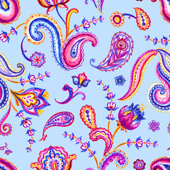 Fototapeta premium Seamless paisley pattern on light blue background. East ornament, national traditional print, watercolor illustration.