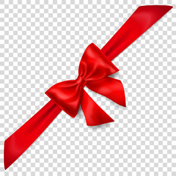 Beautiful red bow with diagonally ribbon with shadow on transparent background