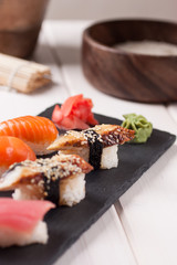 Rainbow Sushi with salmon, eel, tuna. Sushi menu. Japanese food.