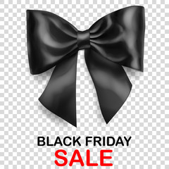 Big bow made of black ribbon with shadow and inscription Black Friday Sale on transparent background