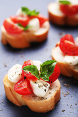 Bruschetta with mozzarella, tomatoes and basil leafs