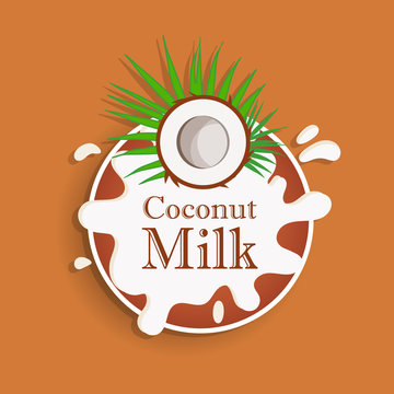 Coconut milk. Coconut on a milk splash. Flat design style. Packaging design, logo. Vector illustration.